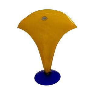 Vintage Richard Belenko Signed Handcrafted Art Glass Yellow Cobalt Blue Fan Vase